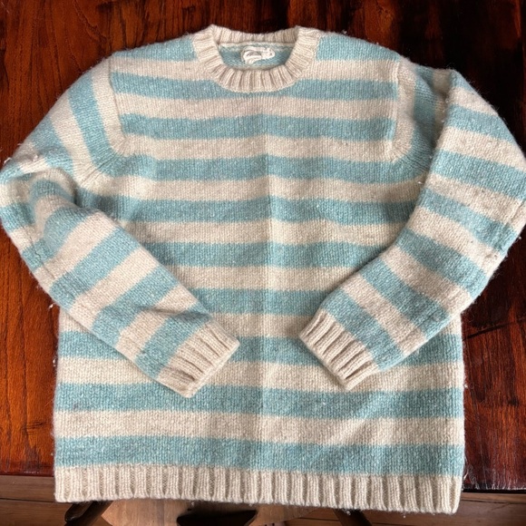 J. Crew Shetland Wool Striped Blue and Cream Sweater SZ M - Picture 1 of 5